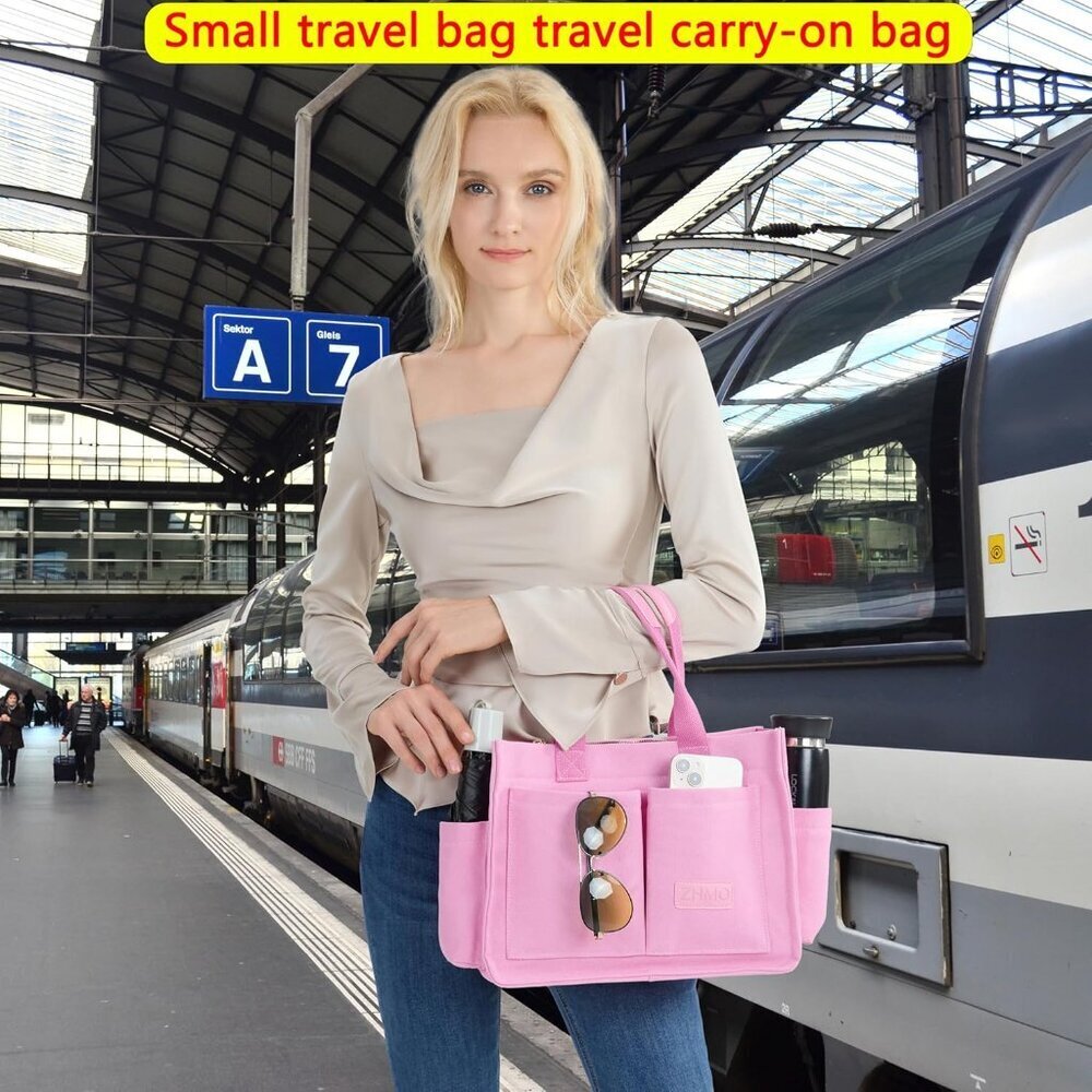 Women's Plus Pink Imported Canvas Laptop Crossbody Work Large Tote Handbags - Picture 7 of 7
